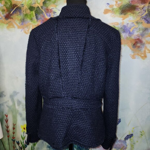 Navy Blue Textured Knit Jacket With Gold Buttons & Zipper Closure - Picture 5 of 10